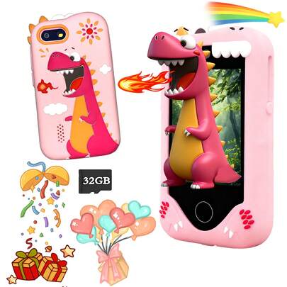 儿童学习智能手机，恐龙主题，双镜头摄像头，2.8英寸触摸屏，柔软保护壳，32GB存储卡，男孩女孩惊喜礼物