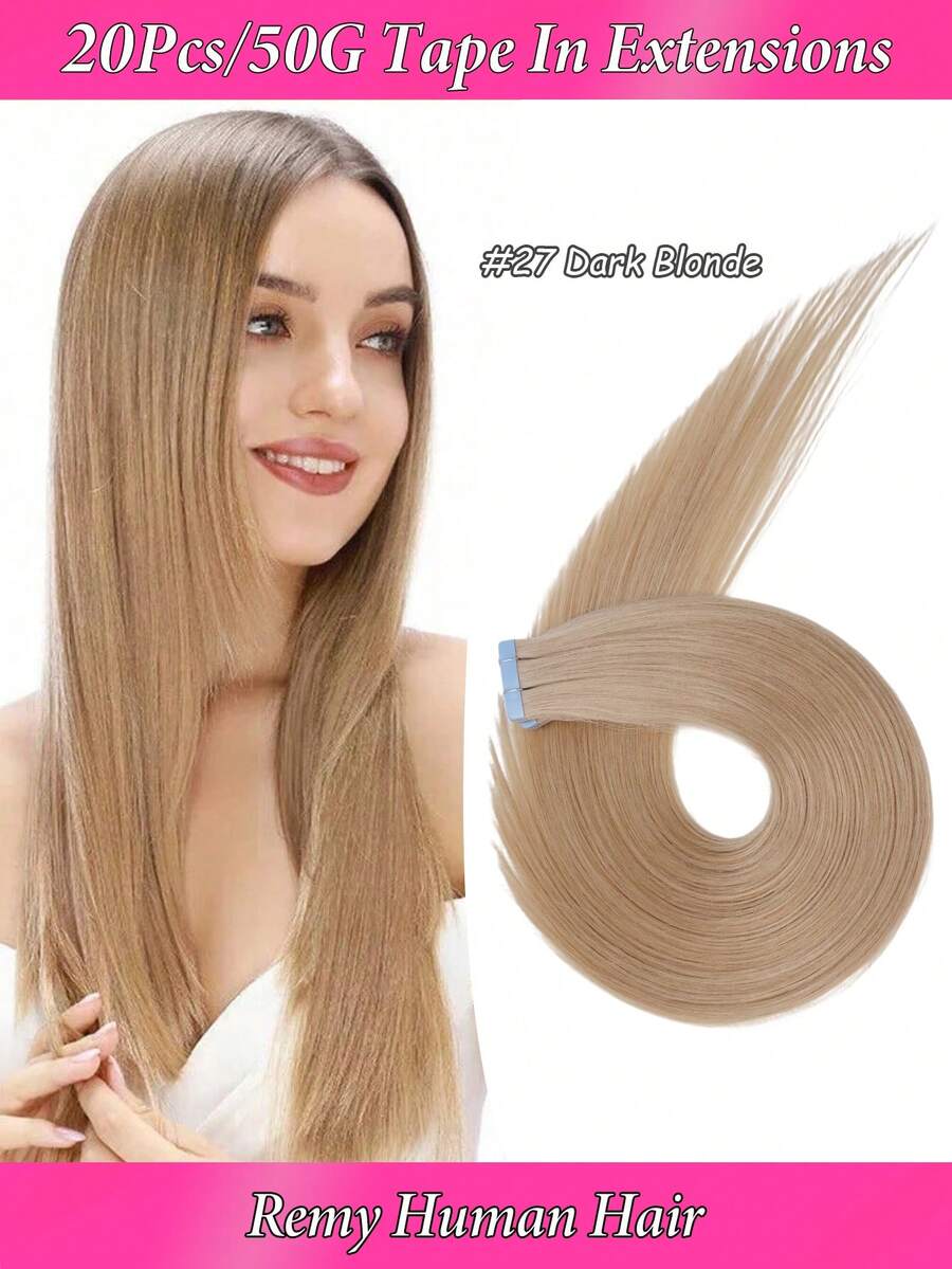 16"-24" 100%人髮接髮片 女用 20片/包 直髮無痕皮膚織法 Remy人髮接髮片 深棕色 2#，適用於流行配色萬聖節造型、新娘髮型、陰森哥德風造型