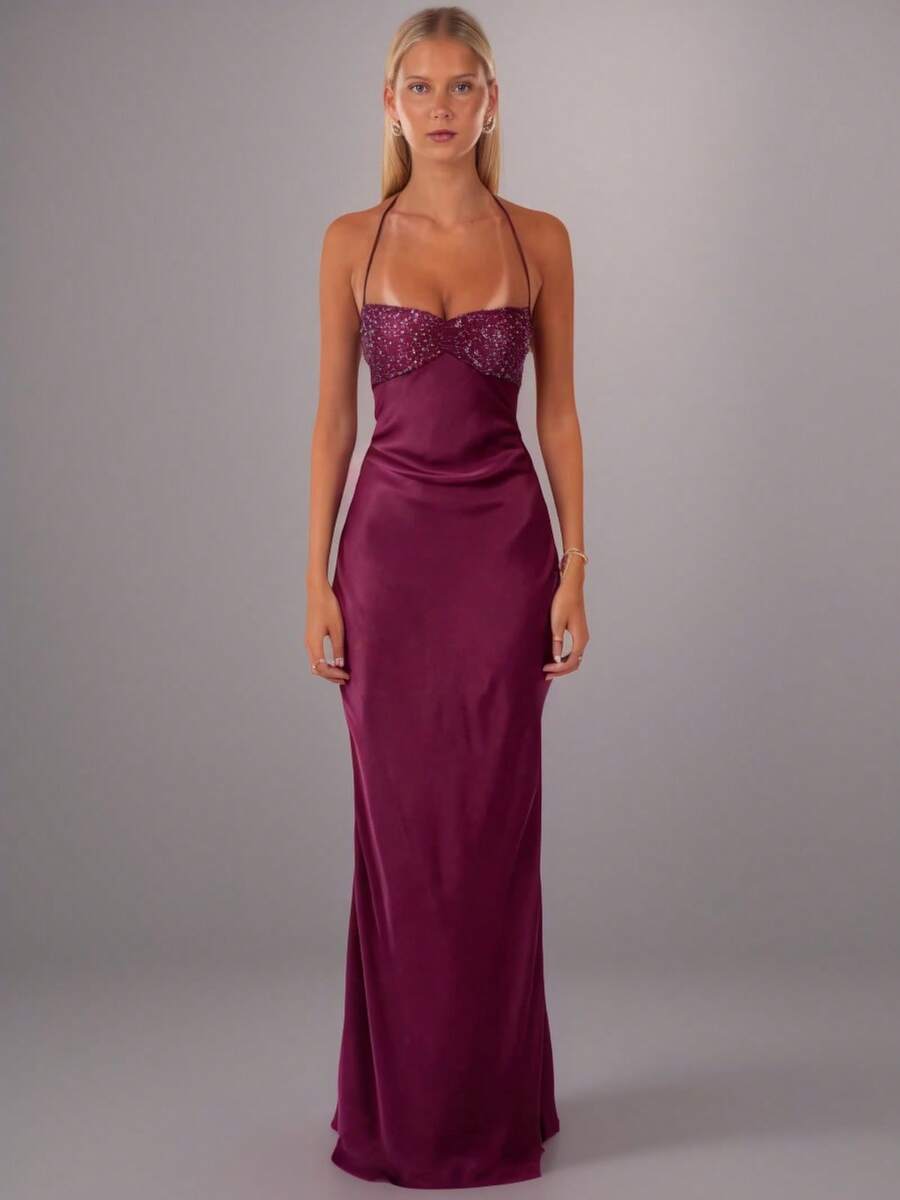 New European American Style Sexy Strapless Sequin Satin Solid Color Backless Tie Bodycon Maxi Dress - 紫色 - 查看 1