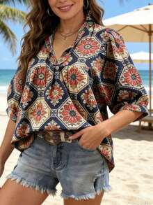 Women's Casual Plaid & Floral Print Short Sleeve V-Neck Loose Blouse, Spring/Summer Vacation - Royal Blue - View 7