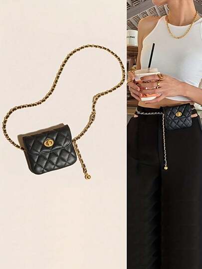 Women's Fashion Niche Quilted Diamond Crossbody Bag - Exquisite Compact Lipstick/Coin Purse With Elegant Metal Chain, Multifunctional Waist/Shoulder Bag, Versatile For Daily Styling & Photo Looks