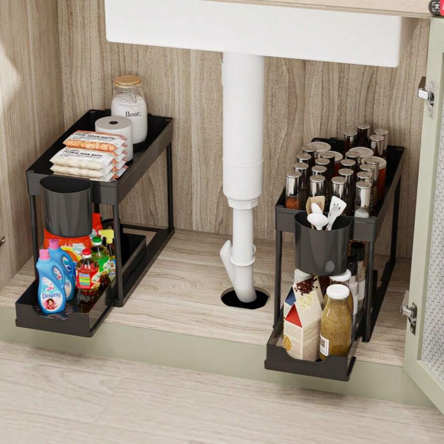 Pull-Out 2-Tier Sliding Storage Rack Under Sink, L-Shaped Bathroom Kitchen Cabinet Drawer Organizer, Multi-Function Sink Storage Rack, Suitable For Bathroom Kitchen Drawers, Space-Saving Organizer, Durable Large Capacity Drawer, Suitable For Kitchen And Bathroom Items, Mixed Color Plastic Material - Black - View 1