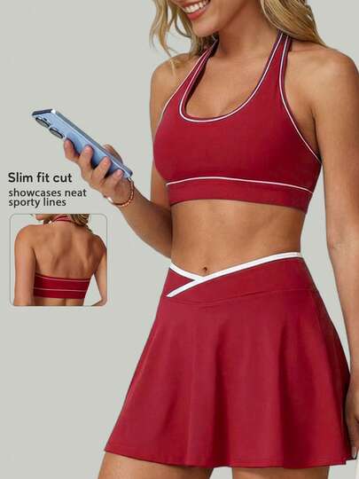 女士撞色露背吊带运动文胸性感露背跑步瑜伽上衣高支撑运动服