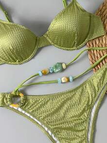 Bikinx Women's Elegant Spaghetti Strap Bikini Set With Knot And Beaded Details Backless Casual Swimsuit - 橄欖 - 查看 6