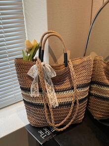 1 chiếc túi tote nữ mùa hè mới, dung tích lớn, đeo vai, làm từ rơm dệt, thiết kế phối màu, trang trí nơ ren, thích hợp cho kỳ nghỉ biển, sang trọng và đa năng. - Màu Khaki - Xem 2