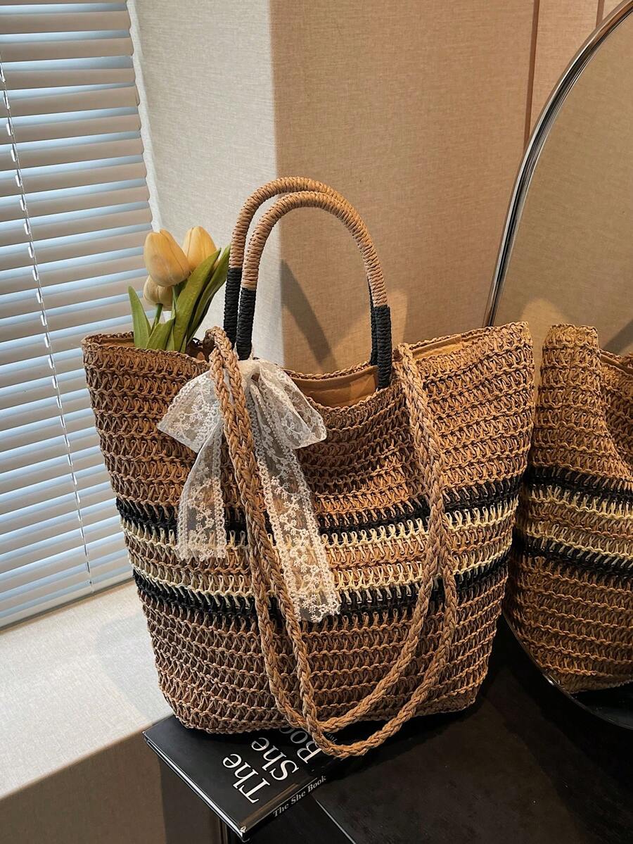 1 chiếc túi tote nữ mùa hè mới, dung tích lớn, đeo vai, làm từ rơm dệt, thiết kế phối màu, trang trí nơ ren, thích hợp cho kỳ nghỉ biển, sang trọng và đa năng.