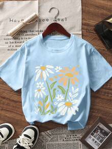 3pcs/Set Floral Print Short Sleeve T-Shirts For Tween Girls, Suitable For Tween GirlsSummer Tops, Young Student Clothing - Multicolor - View 4