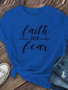 2026 Tops For Women "Faith Over Fear" Printed T-Shirt - Soft, Stretchy, Round-Neck, Short-Sleeved Casual Top, Machine Washable, Available In Multiple Colors For Spring, Summer, And Autumn, Inspirational Clothing| Elastic FabricLoose And Comfortablesummer Tops - 白色 - 查看 9