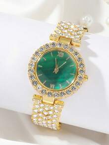 2pcs Women's Fashionable And Elegant Quartz Watch Luxurious Rhinestone Bracelet Set,Suitable For Daily Wear - Green - View 3