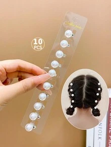 10 piezas de lindo clip de pelo para niñas con cuentas de imitación de perlas blancas - Blanco - Ver 10