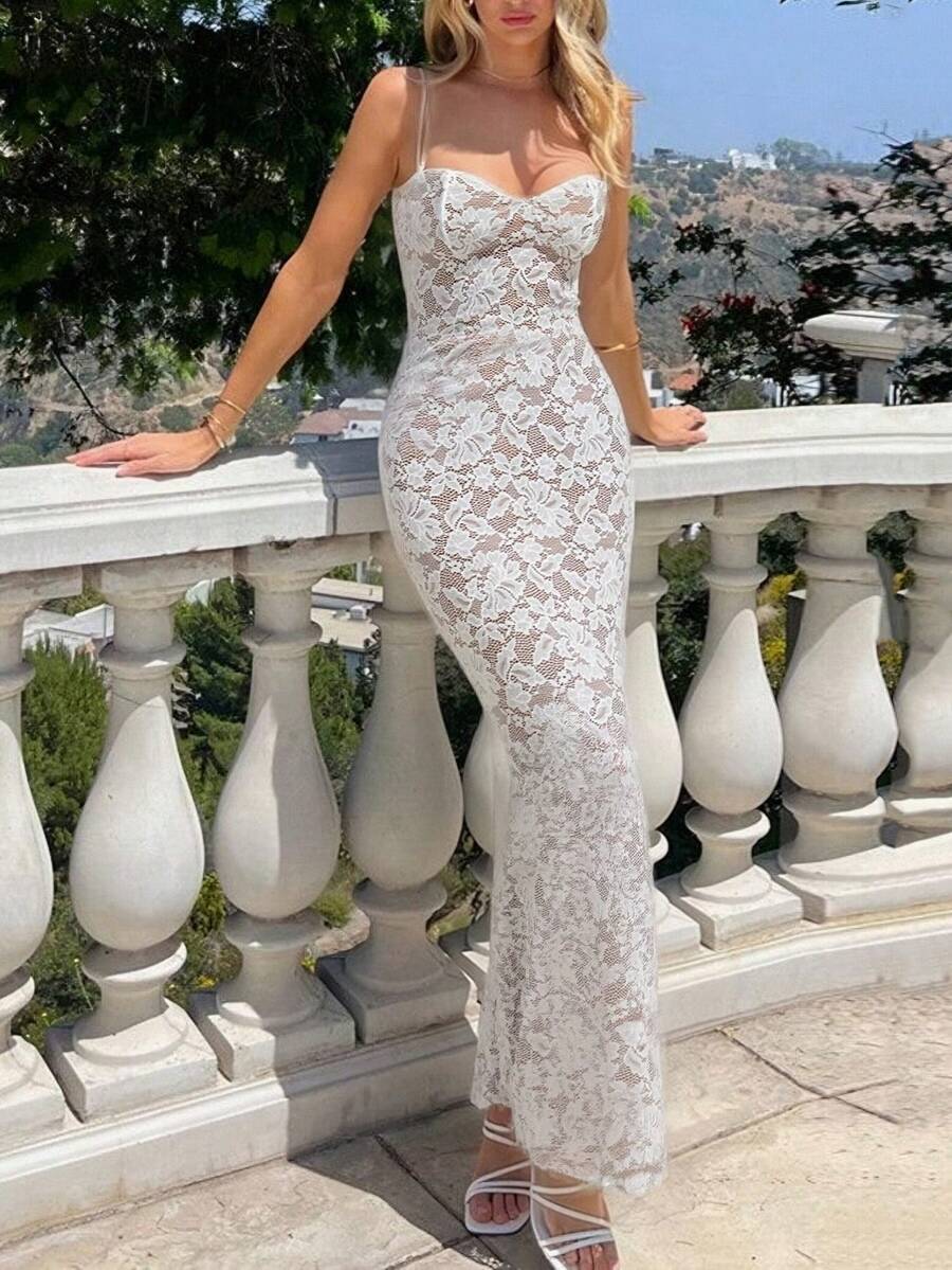 Women's Elegant Sexy Lace Spaghetti Strap Fitted Maxi Dress, Suitable For Vacation, Party, Evening, Wedding, Spring White Summer - White - View 1