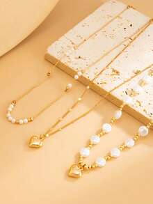 Multi-Layered Faux Pearl Necklace With Fashionable And Versatile Heart-Shaped Pendant And Collar Chain For Women - Multicolor - View 3