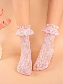 1双女士蕾丝中筒袜，大蕾丝边，可爱弹力镂空网眼长袜，洛丽塔风格可爱蕾丝袜 - 粉色 - 查看 1