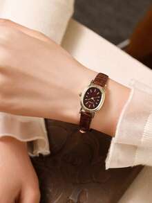 LIANDU LIANDU 1pc Vintage Fashionable Minimalist Casual Women's Wrist Watch, Oval Case, PU Strap, Delicate Small Dial With Rhinestone Decor, Elegant & Charming, Suitable For Daily Wear, Birthday Gift, Party, Holiday Gathering, Ideal Choice For Yourself Or Friends - màu nâu - Xem 3