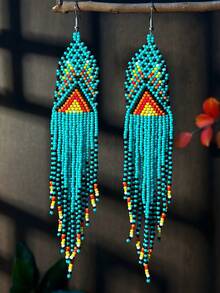 AHAYA 手工长款几何耳环，灵感源自串珠流苏耳环，创意波西米亚风玻璃珠吊坠耳环，适合日常佩戴、度假佩戴、节日礼物 - 綠松石色 - 查看 9