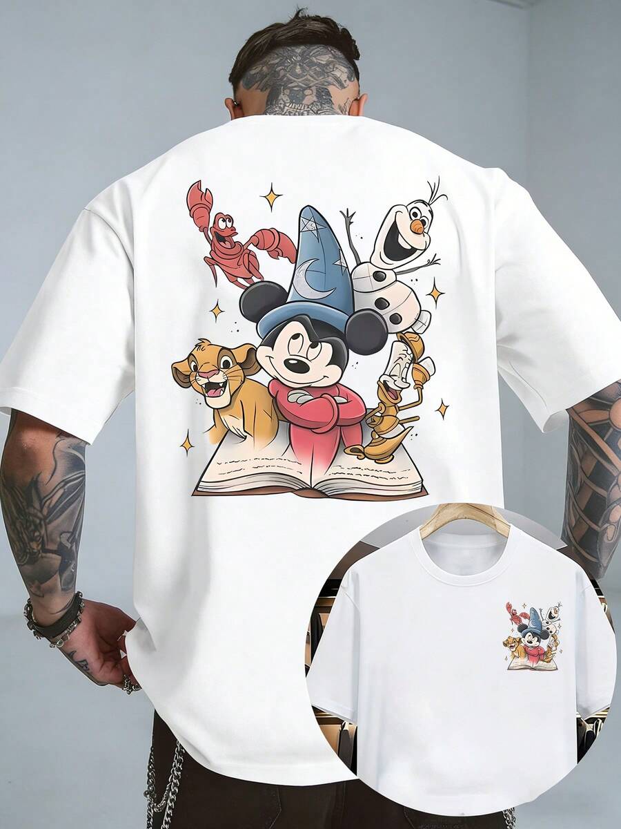 Disney Licensed Men's Crew Neck Short-Sleeved Casual Summer T-Shirt Featuring A Mickey Mouse Magic Print. Double-Sided Design On Both The Front And Back, Suitable For Both Men And Women. Made From 100% Pure Cotton Breathable Knit Fabric. Classic And Versatile. - 白色 - 查看 1