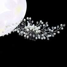 1pc Women's Gypsum Flower Crystal Pearl Leaf Bridal Hair Comb Accessory - Silver - View 3