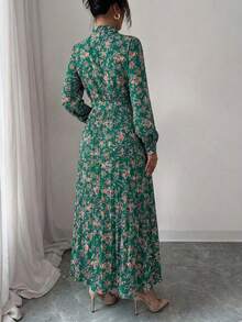 Spring Fall Floral Print Stand Collar Dress Women's Long Sleeve Zipper Front Self-Tie Waist Pleated Midi Dress - 綠色 - 查看 6