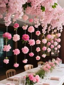 21pcs/Set Floral Waterfall Set, Mixed Pink Artificial Flowers And 1 Roll Transparent Ribbon, Fake Flower Decor, DIY Props For Wedding Party, Valentine's Day, Bridal Shower, Birthday Room Decoration (Flower Color Random) - Multicolor - View 9
