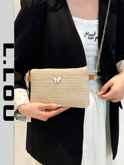 Cute Bow Knot Woven Bag, Vacation Style Beach Travel Shoulder Crossbody Straw Bag For Summer