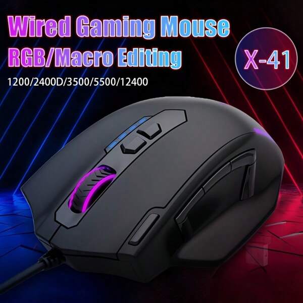 E-YOOSO 1个电竞有线游戏鼠标，RGB灯效五档可调（1200/2400/3500/5500/12400），支持宏编辑，符合人体工学设计，5种灯光效果可切换，11键游戏鼠标，带配重块，重量可调节