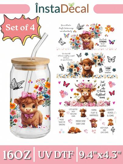 4pcs/Set 16oz Glass Cup Wrap UV DTF Transfer Sticker (9.4x4.3in) No Heat Needed, Cute Floral Highland Cow Western Heifer Graphic, Sunflower Pink Rose Butterfly Boho Farmhouse Animal, Just A Girl Who Loves Inspirational Quote Waterproof Self Adhesive Decal, Rub On Sticker For Libbey Can Tumbler DIY Drinkware Accessories Gift For Women