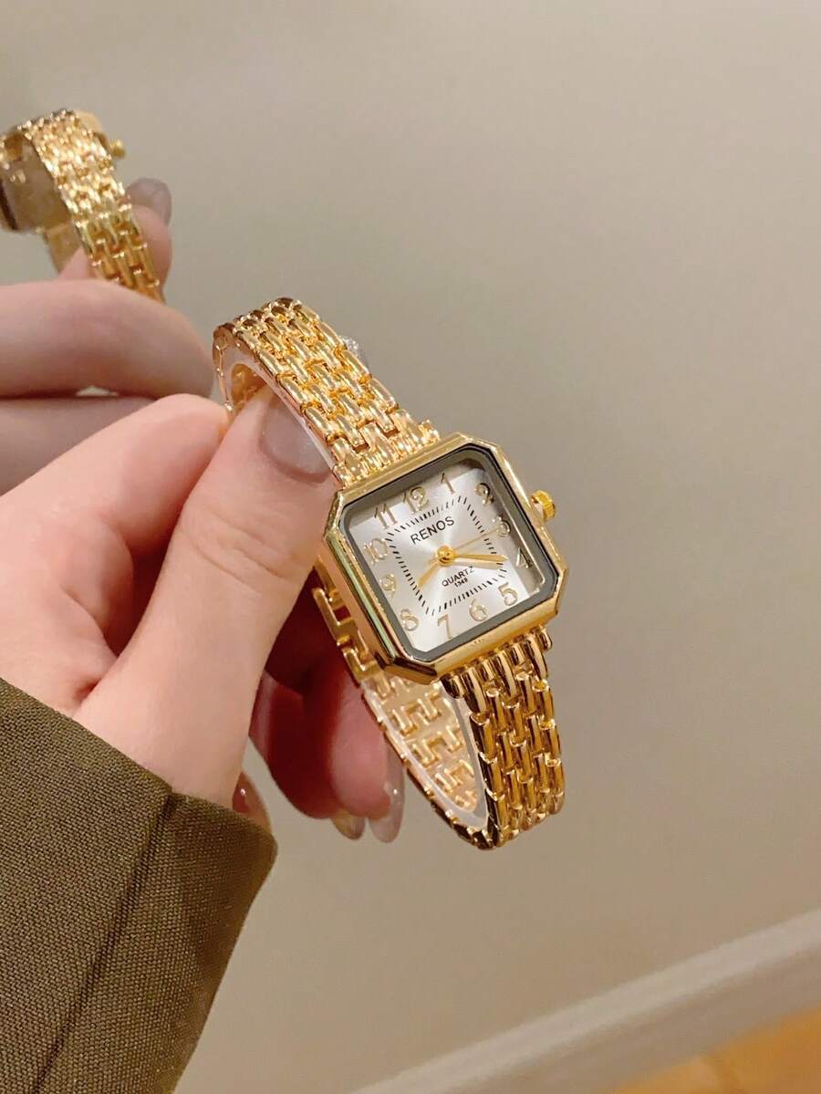 1 pieza Reloj de cuarzo cuadrado de mujer de estilo minimalista plateado, adecuado para combinar con atuendos diarios, regalo de cumpleaños/graduación, fiesta - Dorado - Ver 1