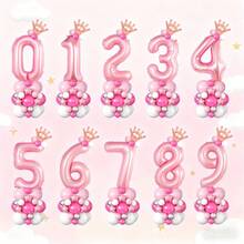 41 piezas Conjunto de globos con números y coronas de color rosa para cumpleaños, que incluye números del 0 al 9 de 32 pulgadas en rosa caramelo, mini coronas, globos de pentágono rosa, y globos de látex blancos y rosas, adecuado para decoración de cumpleaños, escena de ambiente, Día de San Valentín, fiesta de cumpleaños en casa, boda, decoración para sesión de fotos, fiesta de cumpleaños de princesa, ducha, fiesta de despedida de soltera, aniversario, fiesta del té, decoración de cumpleaños rosa - Multicolor - Ver 7