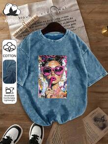Áo thun nữ tay ngắn cổ tròn in hình cô gái theo phong cách retro pop art, thích hợp cho mùa xuân, hè và thu. - Xanh đậm - Xem 2