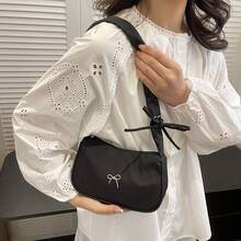Women's Minimalist Bow Decor Crescent Shoulder Bag, Zipper Closure Solid Color, Suitable For Office/School/Commute - Black - View 8