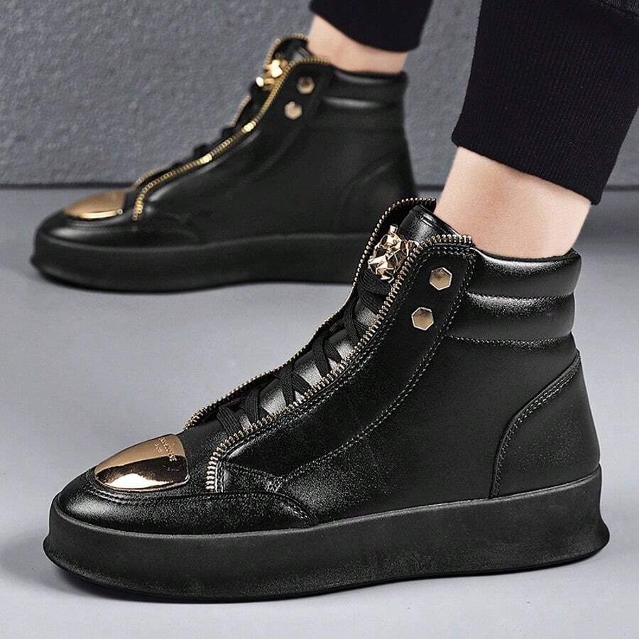 Men's Boots, High-Top Shoes, Casual Leather Boots, Ankle Boots, Business Side Zipper Metal Eyelet Lace-Up - Black - View 1