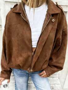 大码蝙蝠袖外套，拉链设计，银色纽扣，褶裥下摆，女士时尚柔软面料长袖街头风宽松轻薄外套，适合春秋季穿着 - 棕色 - 查看 6