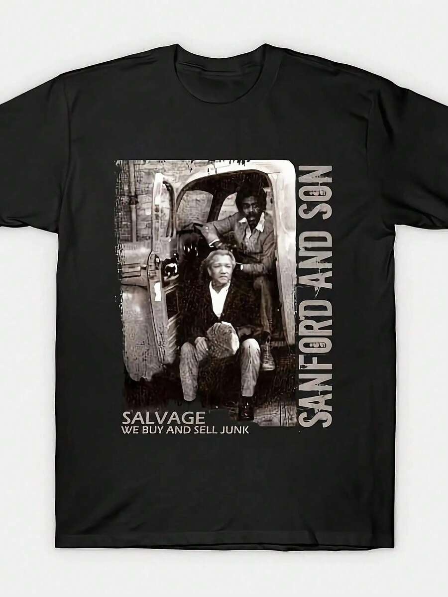 Camiseta Vintage Estilo 'Sanford And Son' para Hombre - Algodón Cómodo, Estampado Retro en Blanco y Negro, Regalo Perfecto para Él, Lavable a Máquina, Talla Grande. - Negro - Ver 1