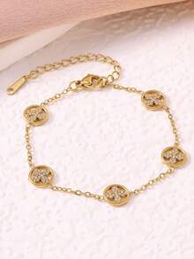 女士奢华水钻镂空四叶花手链，时尚百搭真空电镀不锈钢 - 鑲鑽花朵手鍊 - 查看 4