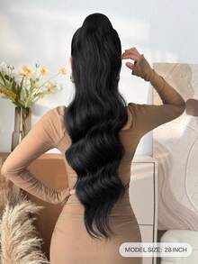 28 Inch Black Wavy Curly Ponytail Hair Extensions, Drawstring Clip-In, Heat Resistant Synthetic, Suitable For Daily Wear And Women's Party Occasions - Black - View 3