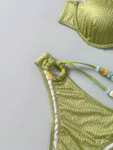 Bikinx Women's Elegant Spaghetti Strap Bikini Set With Knot And Beaded Details Backless Casual Swimsuit - 橄欖 - 查看 7