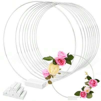 6pcs Metal Flower Wreath Centerpieces, Including Silver Wreath Rings And White Stands, Suitable For DIY Home Decor And Dining Table Setting, Woven Flower Wreath Wedding Table Decoration
