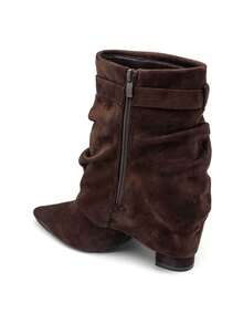 Women's Plain Pointed Toe Zipper Fashion Mid-Calf Boots With Buckle - Brown - View 3