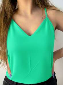 Women's Tank Top With Adjustable Straps, Basic Crepe Blouse With Thin Straps - Light Green - View 2