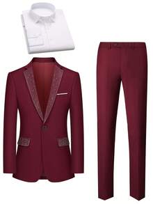 Men's 3-Piece Suit With Rhinestone Lapel, Slim Fit Blazer And Pants Set, Formal Business Wedding Prom Tuxedo With White Dress Shirt - Màu Đỏ Sâu - Xem 2