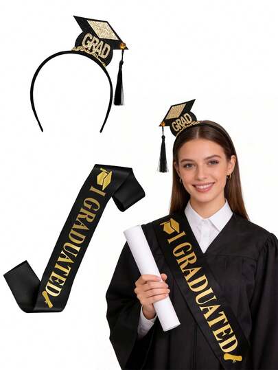 2pcs Graduation Celebration Party Supplies - Graduation Cap Headband And Sash, Black Satin Tassel Crown For Graduation Party Costume And Photo Props