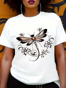 Artistic Orange Dragonfly Floral Pattern Shirt Casual Cotton Crew Neck Short Sleeved Versatile Stylish Artistic Decorative Style Enthusiasts - 白色 - 查看 1
