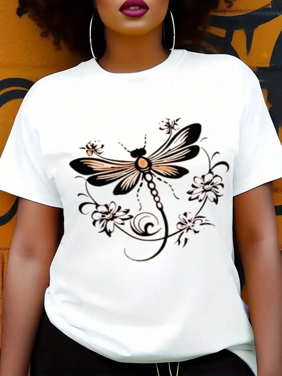 Artistic Orange Dragonfly Floral Pattern Shirt Casual Cotton Crew Neck Short Sleeved Versatile Stylish Artistic Decorative Style Enthusiasts - 白色 - 查看 1