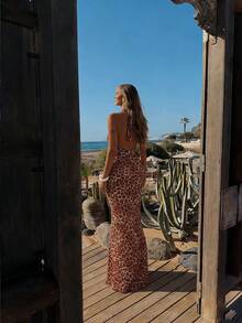 Đầm thời trang nữ đi nghỉ mát, đi biển, cổ chữ V khoét sâu, thắt eo xoắn, họa tiết da báo, phối lưới, hở lưng, gợi cảm, thích hợp cho đám cưới, tiệc mùa xuân. - màu nâu - Xem 2