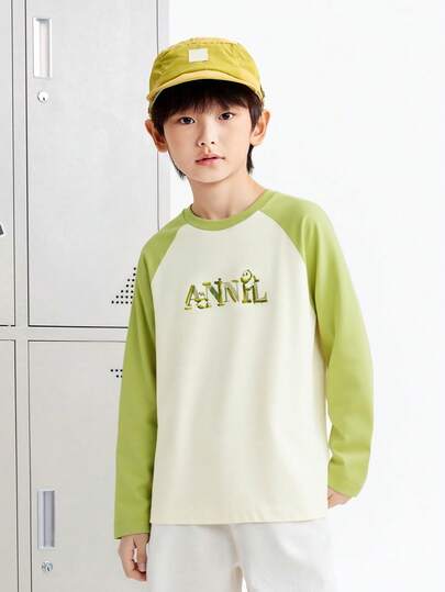 Annil 儿童圆领长袖T恤，男女童款，春季新款，插肩袖上衣，适合中码和大码儿童。