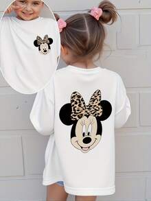 Disney Official License Cute Minnie Mouse Leopard Bow Print Girls Casual Sweatshirt Comfortable Versatile Playtime And Family Gathering Top - 白色 - 查看 1