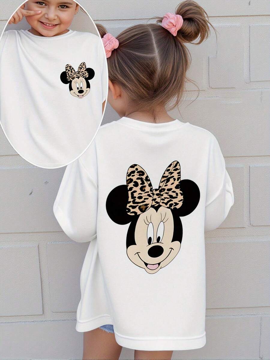 Disney Official License Cute Minnie Mouse Leopard Bow Print Girls Casual Sweatshirt Comfortable Versatile Playtime And Family Gathering Top - 白色 - 查看 1