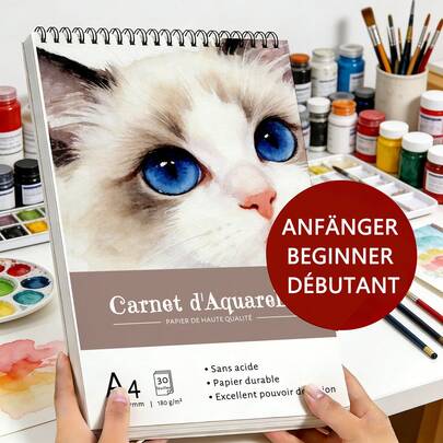 A4/A5 Watercolor Paper, 30 Sheets 180gsm Textured Fine Art Paper, Blue Cat Eye Design Watercolor Sketchbook, Acid-Free & Bleed-Proof Paper, Suitable For Watercolor, Acrylic & Mixed Media Painting, Pet Portrait & Cat Painting, Watercolor Pad