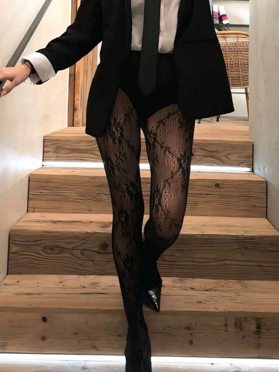 1 Paar Damen Blumen Spitzen Strumpfhose/Strümpfe, Netzstrümpfe, hohe Taille figurformend, Große Größen, geeignet für verschiedene Anlässe - Schwarz - Übersicht 1