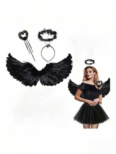 Set de 3 piezas Disfraz de Ángel, incluye Alas de Ángel Negras, Diadema con Aureola y Varita para Mujeres, Adecuado para Fiestas, Bodas, Actuaciones y Decoraciones Navideñas - Suministros de Fiesta Multifuncionales y Asequibles, Novedad Única y Linda - Ideal para Disfraces de Ángel de Navidad y Halloween